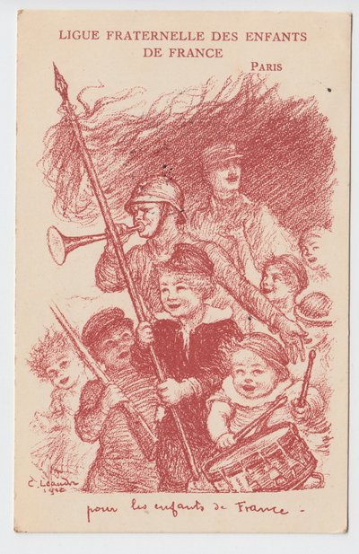 Postal, Satírico en Colores: Liga fraternal de los niños de Francia - Guerra del 14-18, Infancia, Jornadas patrióticas Ilustración de Charles Leandre (1862-1934) de Charles Leandre
