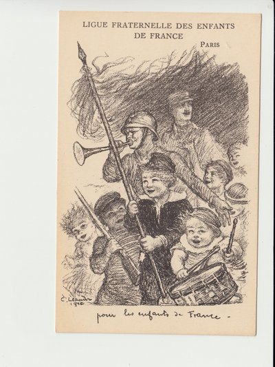 Tarjeta postal, Satírico en N & B: Liga fraternal de los niños de Francia - Guerra de 14 -18, Música, Infancia, Liga fraternal de los niños de Francia - Ilustración de soldados por Charles Leandre (1862-1934) de Charles Leandre