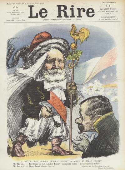 El presidente Loubet de Francia recibido por el Gobernador General de Argelia, Paul Revoil. Ilustración para Le Rire de Charles Leandre
