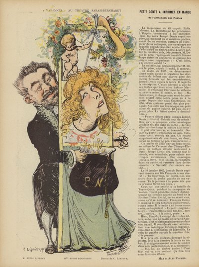 Producción de la obra de Henri Lavetans Varennes en el Teatro Sarah Bernhardt. Ilustración para Le Rire de Charles Leandre