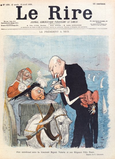 La Reina Victoria (1819-1901) coquetea con el Presidente Félix Faure (1841-99) durante sus vacaciones en Niza, portada de la revista 