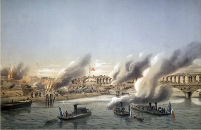 Comuna de París, Semana Sangrienta. La Flotilla del Sena forzando la entrada de París a la Barricada del Point du Jour el 21 de mayo de 1871 - Grabado por Charles Leduc (1831-1911) de Charles Leduc