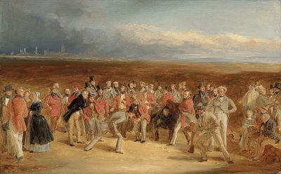 El boceto terminado para Los Golfistas: Un Gran Partido jugado en los Links de St. Andrews por Sir David Baird, Bt. y Sir Ralph Anstruther, Bt. de Balcaskie, contra el Mayor Playfair y John Campbell, Esq., de Glensaddell, en 1850 de Charles Lees