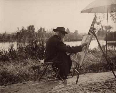 El pintor Lhermitte Léon (1844-1925), trabajando en la ribera del Marne, cerca de su propiedad, alrededor de 1914-1915, Francia de Charles Lhermitte