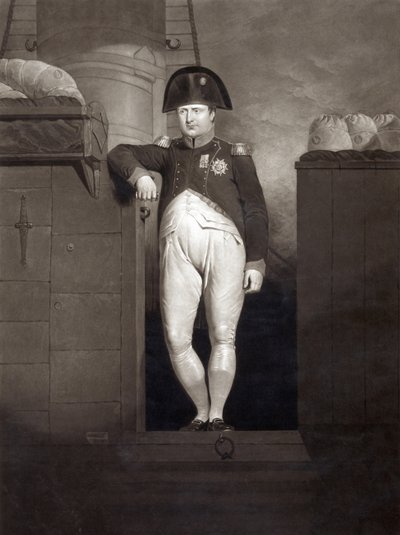 Napoleón Bonaparte en la pasarela del HMS Bellerophon después de llegar a Plymouth Sound, agosto de 1815, grabado por Charles Turner de Charles Lock Eastlake