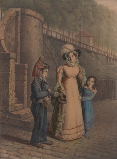 Niño con un mono en el hombro recibiendo monedas de una madre y una hija, 1803-40 de Charles Louis Constans