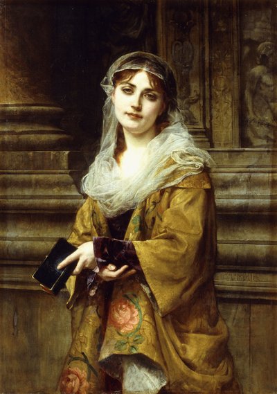 Una joven fuera de una iglesia de Charles Louis Lucien Muller