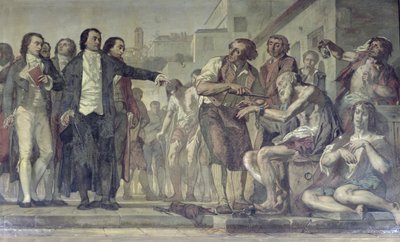 Philippe Pinel 1745-1826 liberando a los lunáticos de sus cadenas en el asilo de Bicêtre en París en 1793, c.1840-50 (detalle) de Charles Louis Lucien Muller
