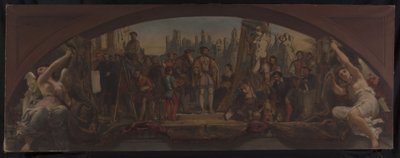 Boceto para el Pabellón Denon del Louvre: Les quatre âges de la vie artistique en France - Presentación a Francisco I de los planos del castillo de Fontainebleau, hacia 1864 (óleo sobre lienzo) de Charles Louis Lucien Muller
