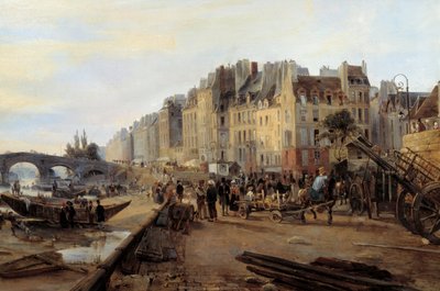 Puente Marie y puerto de Saint Paul alrededor de 1825. Vista de París (detalle) de Charles Louis Mozin