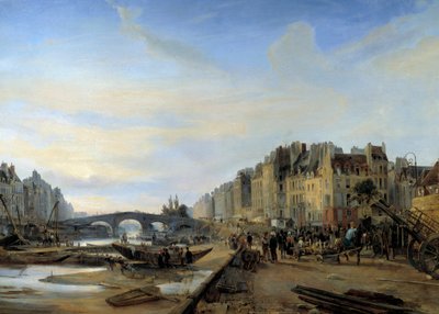 Puente Marie y puerto de Saint Paul alrededor de 1825. Vista de París de Charles Louis Mozin