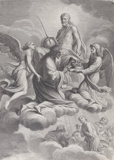 San Luis de Francia recibido en el cielo por Cristo y dos ángeles que le ofrecen la c..., 1671-80 de Charles Louis Simonneau