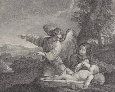 El ángel apareciendo a Agar en el desierto mientras ella junta sus manos junto al sueño de Charles Louis Simonneau