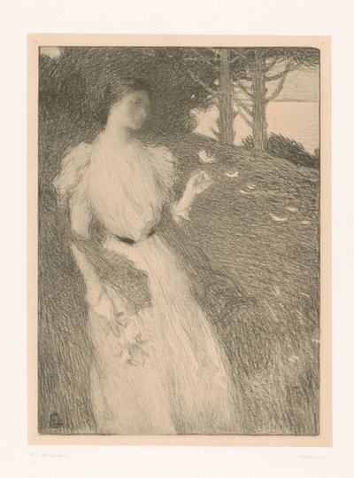 Una mujer deja que los pétalos de las flores se pierdan en el viento de Charles Lucien Leandre