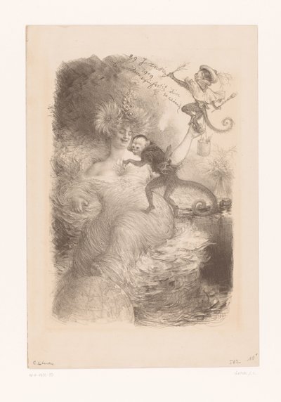 Mujer con globo terráqueo, montones de papeles y dos monos de Charles Lucien Leandre