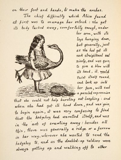 Alicia sosteniendo su avestruz, ilustración de Las aventuras bajo tierra de Alicia, pub. 1886 (facsímil) de Charles Lutwidge Dodgson