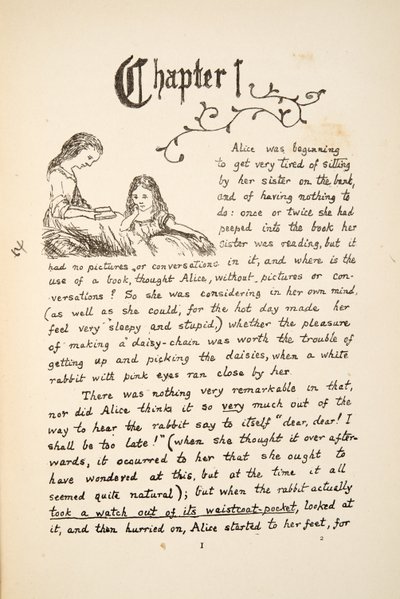 Alicia con su hermana, ilustración de Las aventuras bajo tierra de Alicia, pub. 1886 (facsímil) de Charles Lutwidge Dodgson