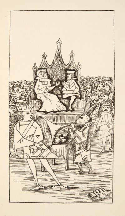 Juicio del Knave of Hearts, ilustración de Las aventuras de Alicia bajo tierra, pub. 1886 (facsímil) de Charles Lutwidge Dodgson