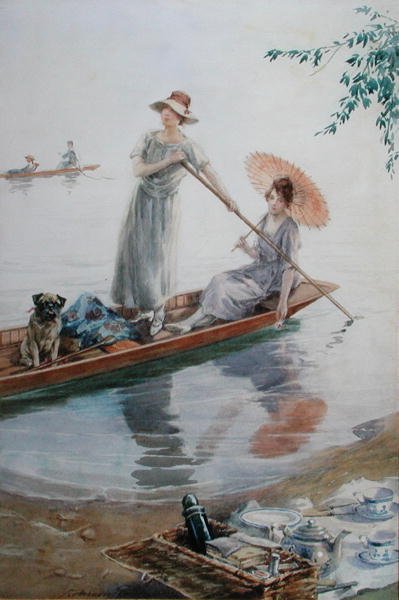 Dos niñas con su perro pug remando de regreso a su picnic de Charles MacIvor or MacIver Grierson