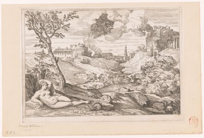 Paisaje con Andrómeda custodiada por el Dragón y Perseo volando en una nube de Charles Macé (attributed to)