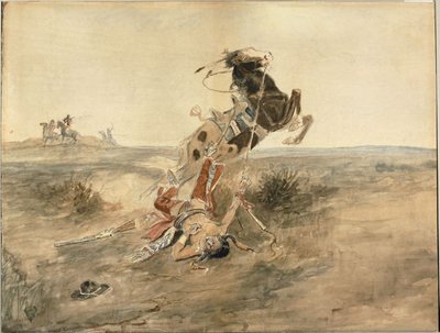 Guerrero indio caído, c.1886 (acuarela y grafito sobre papel de estraza color crema) de Charles Marion Russell