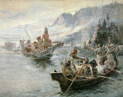 Lewis y Clark en el río Columbia Inferior de Charles Marion Russell
