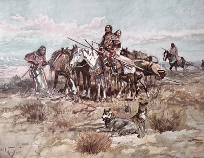 Nativos americanos de las llanuras moviendo el campamento de Charles Marion Russell