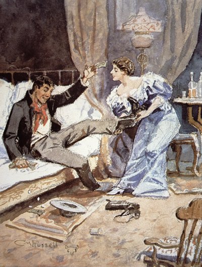 Chica de salón con un vaquero borracho, c.1898 de Charles Marion Russell