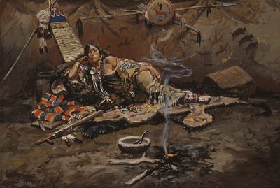 Waiting And Mad (óleo sobre tabla montado en masonite) de Charles Marion Russell