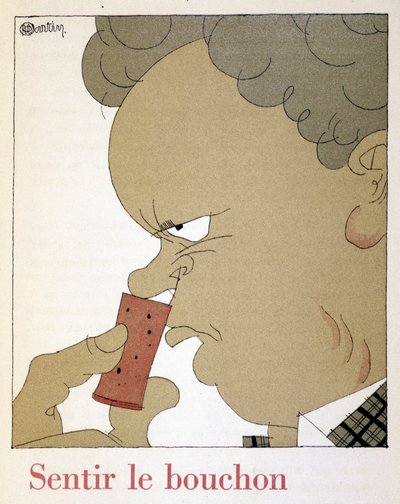 Sintiendo el corcho - en "Monseigneur le vin", dibujo de Charles Martin (1884-1934), fascículo de los Establecimientos Nicolas de Charles Martin
