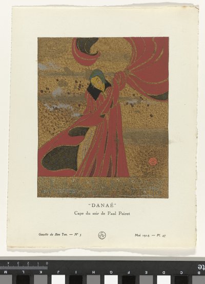 Gazette du Bon Ton, 1914 - No. 5, Pl. 47: Danae / Evening Cape de Paul Poiret (título sobre objeto) de Charles Martin