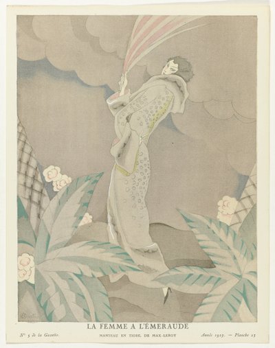 Gazette du Bon Ton 1923, No. 5, Pl. 23: The Emerald Woman - Tiger coat, de Max-Leroy (título sobre el objeto) de Charles Martin
