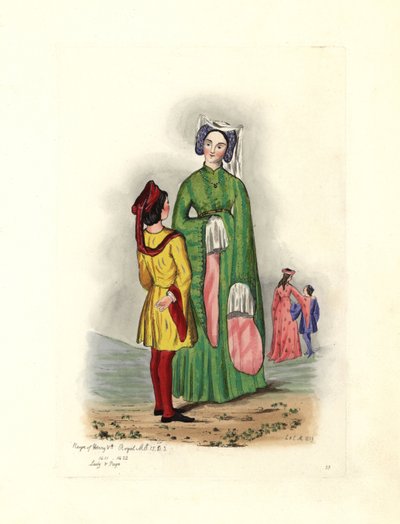 Traje típico femenino en tiempos de Enrique V, ilustración de "Costumes Civils d