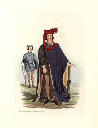 Traje masculino típico de la época de los reyes Enrique IV y Enrique V, ilustración de "Costumes Civils d