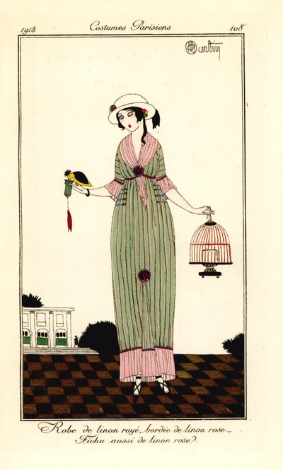 Mujer con vestido de lino a rayas sosteniendo un pájaro y una jaula de Charles Martin