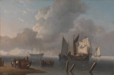 Buques de guerra frente a la costa, el almirante al mando siendo remado para unirse al buque insignia, sus velas iluminadas por una ruptura en las nubes. de Charles Martin Powell