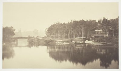 Sin título, c. 1850. [Puente y chalet en el Bois de Boulogne, un parque en París] de Charles Marville
