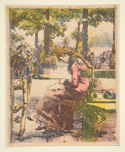 niña joven, en, un, banco, costura de Charles Maurin