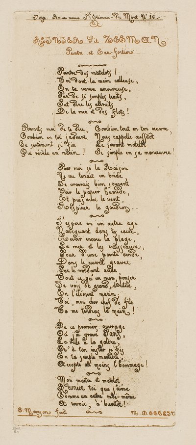 Versos dedicatorios de Meryon a Reinier Nooms, llamado Zeeman de Charles Meryon