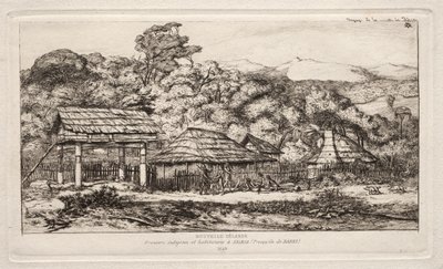 Graneros y Cabañas Nativas en Akaroa, Península de Banks, 1845 de Charles Meryon