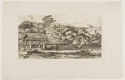 Graneros y cabañas indígenas en Akaroa, península de Banks, 1845 de Charles Meryon