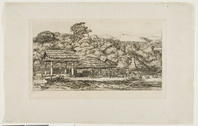 Graneros y cabañas indígenas en Akaroa, península de Banks, 1845 de Charles Meryon