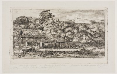 Graneros y cabañas indígenas en Akaroa, península de Banks, 1845 de Charles Meryon
