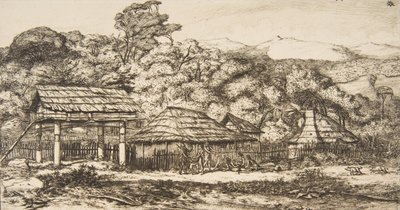 Graneros y chozas nativas en Akaroa, Península de Banks, 1845 de Charles Meryon