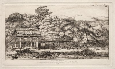 Graneros y chozas nativas en Akaroa, Península de Banks, 1845, 1865 de Charles Meryon