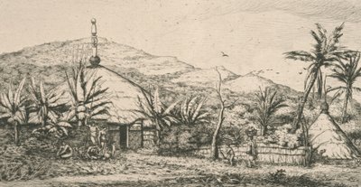 Nueva Caledonia, Nouvelle Calédonie: gran casa indígena en el camino de paseo a Poepo, ilustración de "Grabado del Pacífico...", 1863 de Charles Meryon
