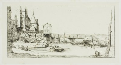El puente peatonal que reemplaza temporalmente al Pont-au-Change, París, después del incendio de 1621 de Charles Meryon