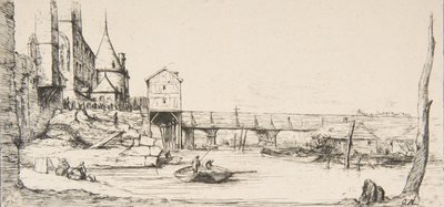 El puente peatonal que reemplaza temporalmente al Pont-au-Change, París, después del incendio de 1621, af..., 1860 de Charles Meryon