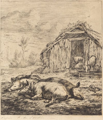Los tres cerdos acostados frente a un establo de Charles Meryon after Karel Dujardin