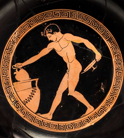 Taza: niño preparándose para dibujar el líquido dionisíaco (Cerámica con figuras rojas, reflejos rojo oscuro) de Charles Meynier